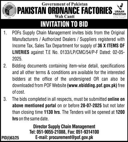 Pakistan Ordnance Factories Wah Cantt Tender Notice